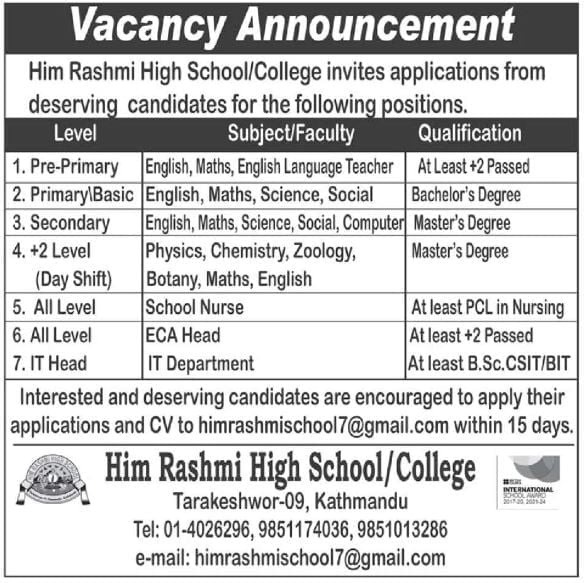 Vacancy in Him Rashmi High School/College for For Teacher and Nurse