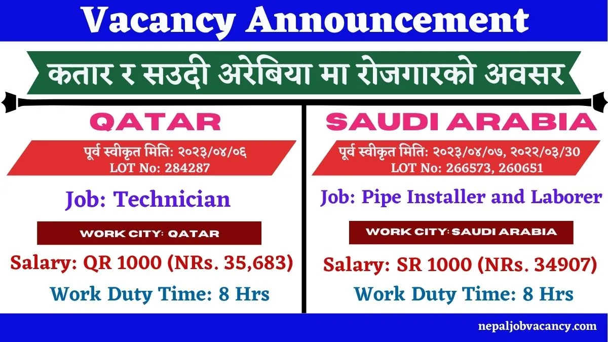 Jobs in Qatar and Saudi Arabia for Technician, Pipe Installer and Laborer
