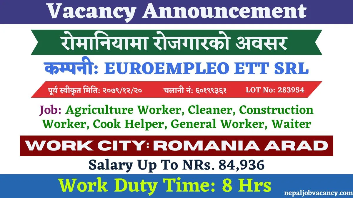 Jobs in Romania for Agriculture Worker, Cleaner, Construction Worker, Cook Helper, General Worker, Waiter