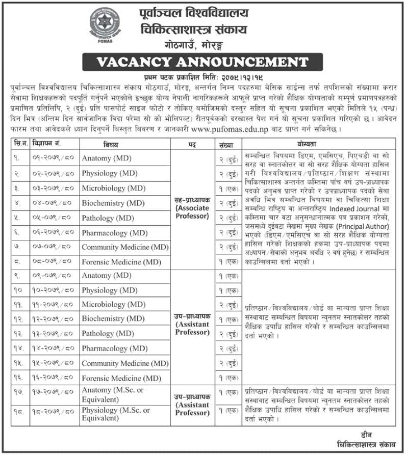 Vacancy Announcement at Purbanchal University Faculty of Medicine