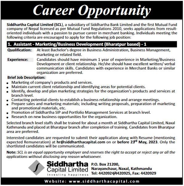 Siddhartha Capital Limited Vacancy Announcement 2080 for Assistant–Marketing/Business Development