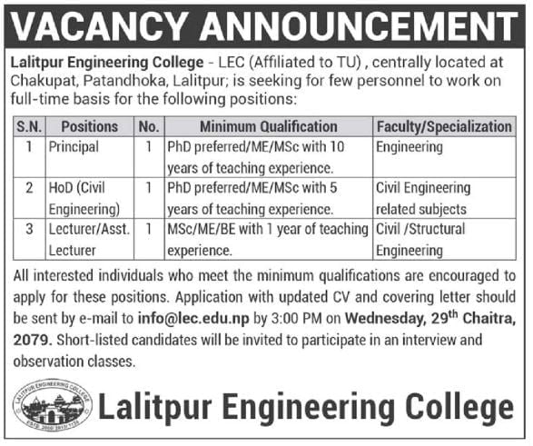 Vacancy in (LEC) Lalitpur Engineering College for Principal, HoD, and Lecturer