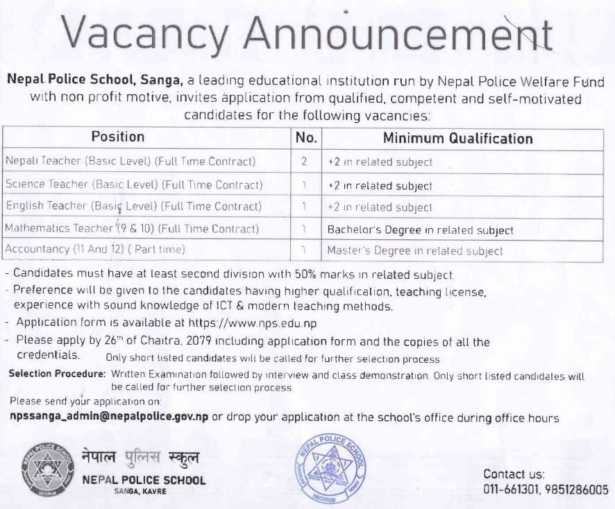 Nepal Police School Sanga Vacancy for Teachers