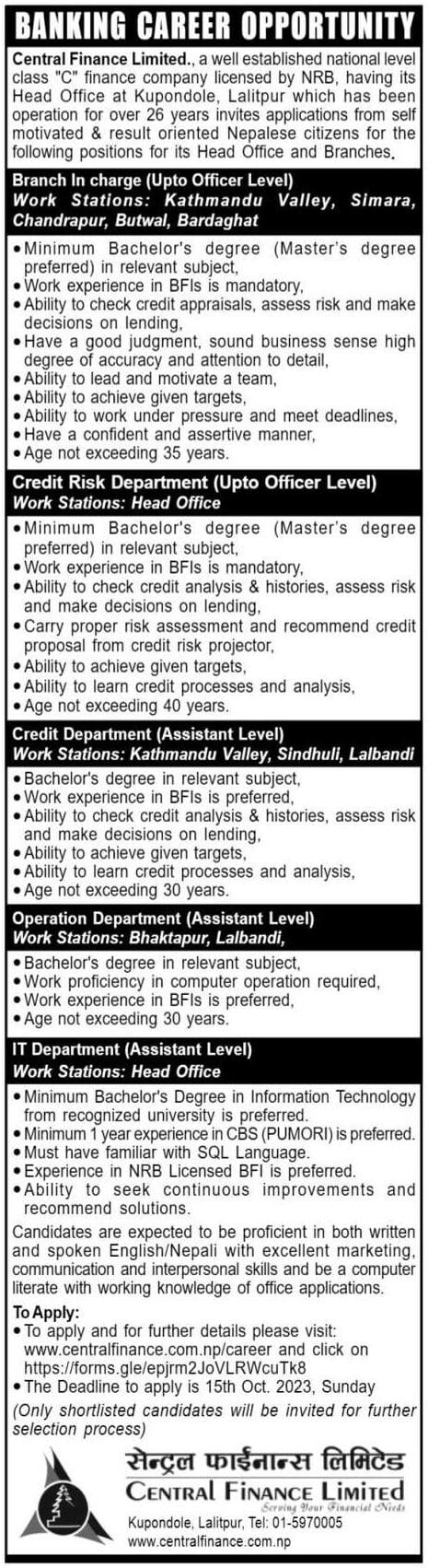 Central Finance Limited Vacancy 2080 for Various Positions