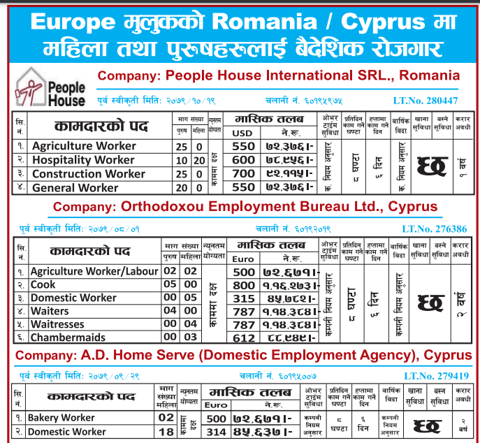 Jobs in Romania and Cyprus for Cook, Workers, Waiter, Waitress, Chambermaids