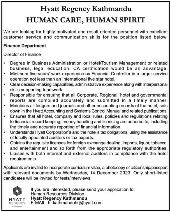 Hyatt Regency Kathmandu Vacancy for Director of Finance 2080