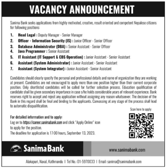 Sanima Bank Vacancy Announcement 2080 for Various Posts