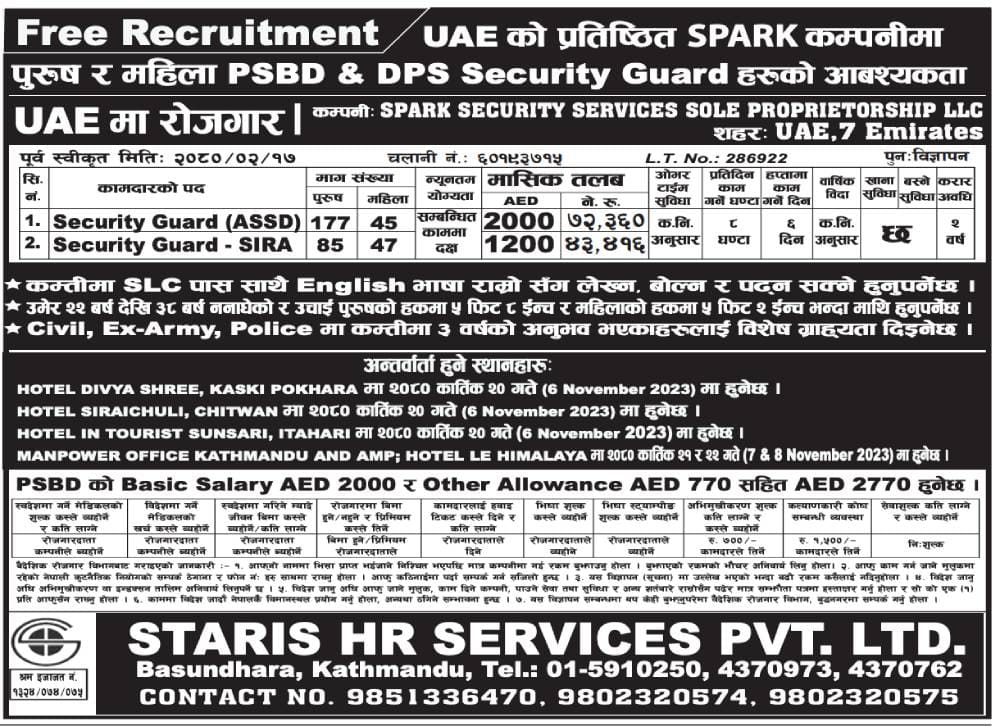 Jobs Opportunity of PSBD & DPS Security Guard in UAE (Salary AED 2770)