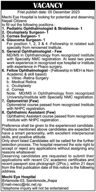 Mechi Eye Hospital Vacancy for Various Positions 2080