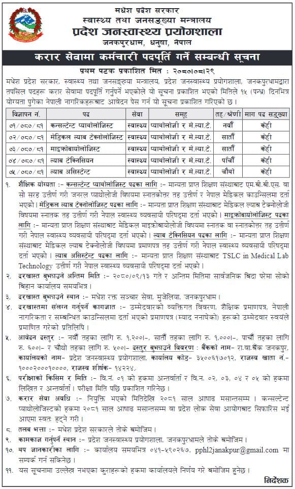 Province Public Health Laboratory Madhesh Pradesh Vacancy for Various Position 2080