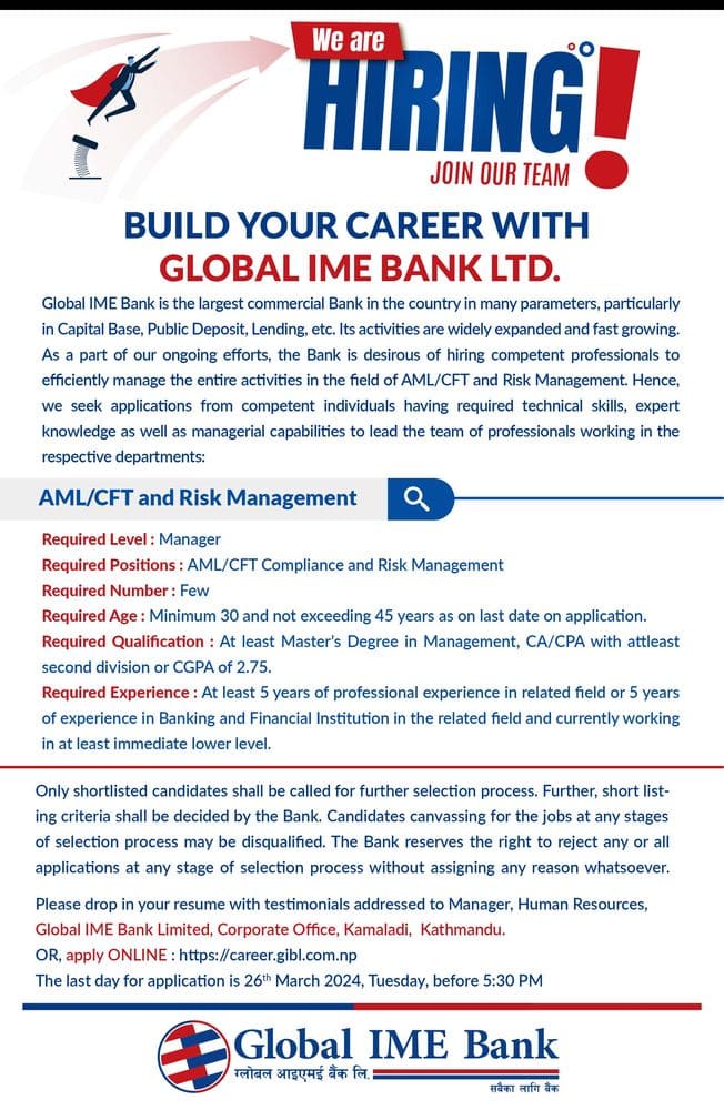 Global IME Bank Vacancy 2080 2024 for AMLCFT and Risk Management