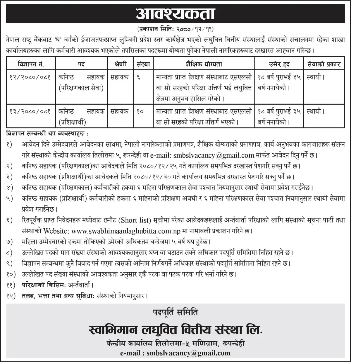 Swabhimaan Laghubitta Bittiya Sanstha Ltd Vacancy 2080 for Junior Assistant